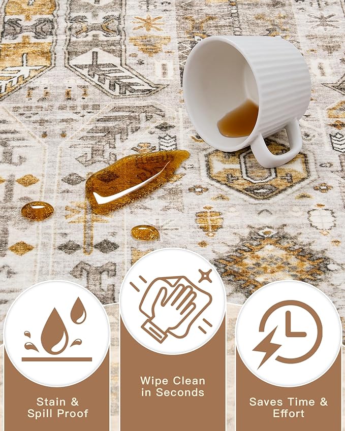 Madane Hallway Runner Rug 3x6 - Washable Kitchen Rugs Entryway Rug Runner Vintage Soft Floor Mat Non Slip Indoor Farmhouse Carpet for Bathroom Living Room Bedroom (3 X 6, Brown/Gold)