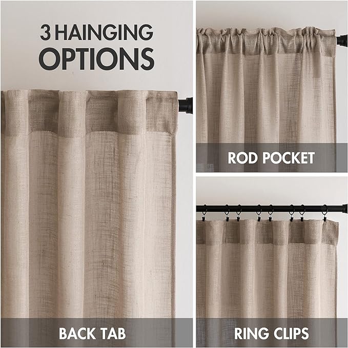 MIULEE Taupe Linen Curtains 54 Inch Length 2 Panels for Bedroom Living Room, Soft Thick Linen Textured Natural Short Window Drapes Semi Sheer Light Filtering Back Tab Rod Pocket Burlap Look Decor
