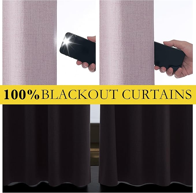 NICETOWN Pink Vintage Linen 100% Blackout Curtains for Classroom, Thermal Insulated Curtains 63" Long, Noise Reducing Window Treatment Drapes for Gym Room, 42" Wide Per Panel, Set of 2