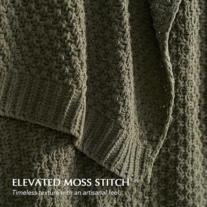 EVERGRACEHOME Chunky Chenille Knit Throw Blanket for Couch, Soft Luxurious Moss Stitch Chair Blankets for Bed, Cozy Decorative Farmhouse Knitted Throws for Sofa, Olive Green, 50" x 60"