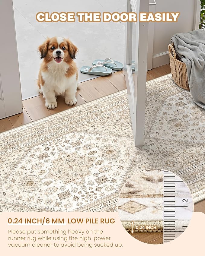 Area Rugs 5x7, Ultra-Thin Washable Rugs for Living Room, Anti-Slip Backing Area Rug for Bedroom, Soft Floral Vintage Home Decor Rug for Dining Room(Cream/Beige,5'x7')