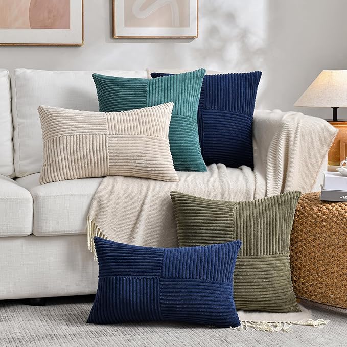 Fancy Homi 2 Packs Tan Lumbar Decorative Throw Pillow Covers 16x32 Inch for Living Room Couch Bed Sofa, Boho Home Decor, Soft Striped Corduroy Rectangle Accent Beige Cushion Case 40x80 cm