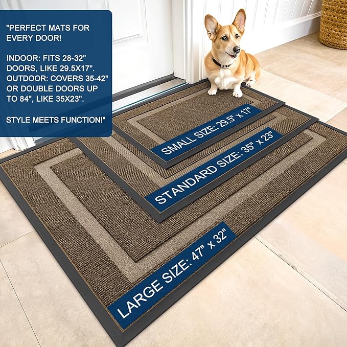 OLANLY Front Door Mat Indoor Outdoor Entrance, Waterproof All-Season, All-Weather Doormat, Sturdy Natural Rubber, Fade Resistant, Low Profile, Easy Clean Patio Porch Entryway Mat, 23.5x15.5, Brown