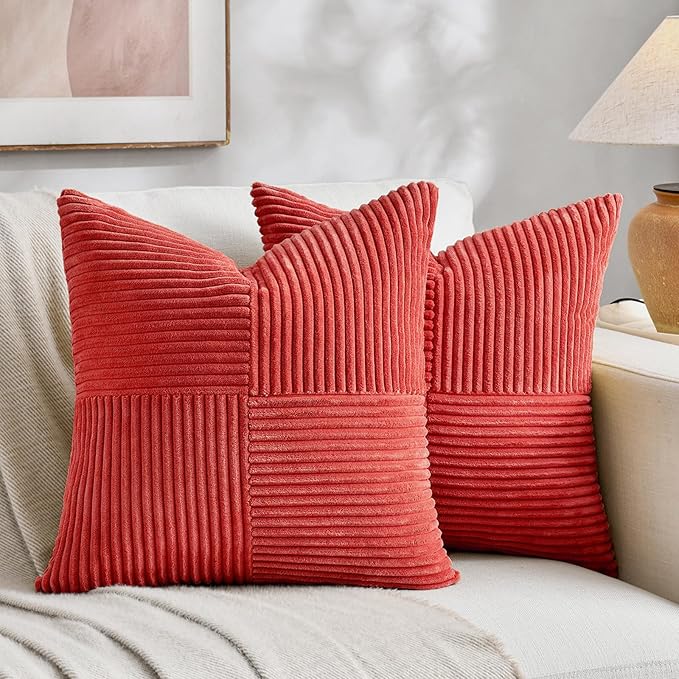 Fancy Homi 2 Packs Red Decorative Throw Pillow Covers 18x18 Inch for Living Room Couch Bed Sofa, Rustic Boho Farmhouse Home Decor, Soft Corss Corduroy Patchwork Textured Square Cushion Case 45x45 cm
