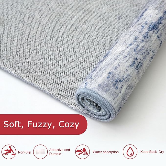 KOZYFLY Modern Abstract Washable Rug Runner 2.6x16 Hallway Rug Runner Non-Slip Soft Kitchen Runner Rugs, Grey-Blue Striped Carpet for Stair Entryway Bathroom Laundry Room Foyer