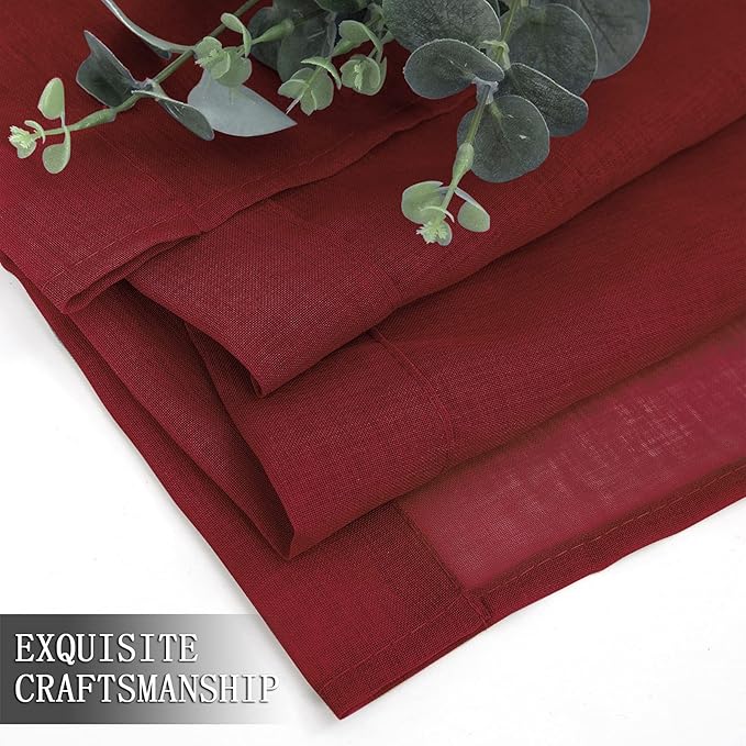 Tollpiz Sheer Curtains Living Room Linen Textured Curtain Sheers Light Filtering Voile Rod Pocket Curtains for Bedroom, 38 x 63 inches Long, Burgundy Red, Set of 2 Panels