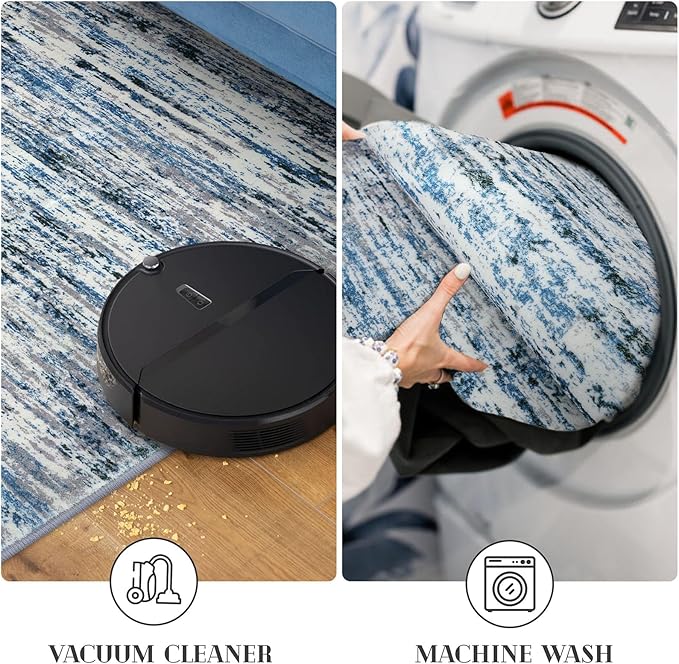 Lansny Modern Abstract Runner Rug 2.6x10, Grey Blue White Washable Long Kitchen Runner Non-Slip Soft Hallway Rug Runner Thin Print Faux Wool Carpet for Entryway Bedroom Laundry Room Indoor Home Decor