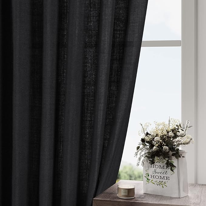 Nanspring Black Extra Long Curtain 130 inches Long 2 Panels Set for Living Room Back Tab Modern Farmhouse Coastal Decor Cotton Textured Black Sheer Linen Curtains for High Window 52x130