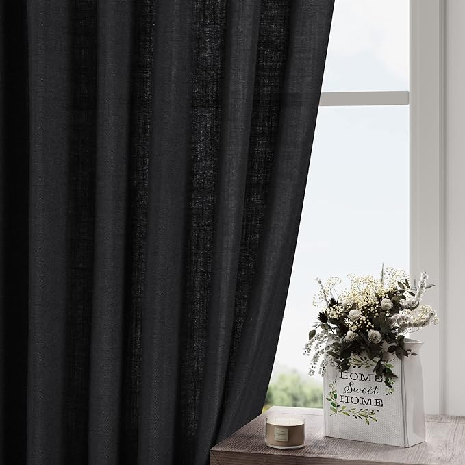 Nanspring Black Linen Curtains 63 inches Long for Bedroom Back Tab Sheer Black Curtains Modern Farmhouse Coastal Decor Cotton Textured Gauze Curtain for Bathroom 2 Panel Set 52x63