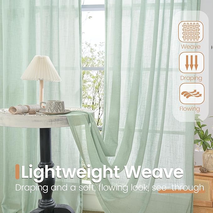 BGment Sage Green Linen Kitchen Curtains 36 Inch Length - Small Drapes Light Filtering for Cafe Bathroom Decorative Lightweight Natural Rustic Rod Pocket, 2 Panels Set, 30 X 36 Inch