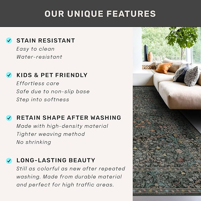 Dining Room Rugs for Under Table - 6x8 Washable Dark Green Area Rug for Living Room, Low Pile Non-Slip Floor Carpet for Bedroom - Vintage Design & Stain Resistance