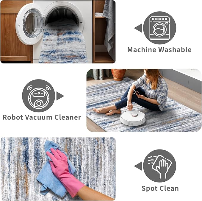 3x10 Washable Runner Rug for Family: Easy-to-Clean Runners for Hallway Entryway Bedroom - Stain and Water Resistant Rugs with Non-Slip Backing - Soft Low-Pile Carpet 10ft Navy Grey