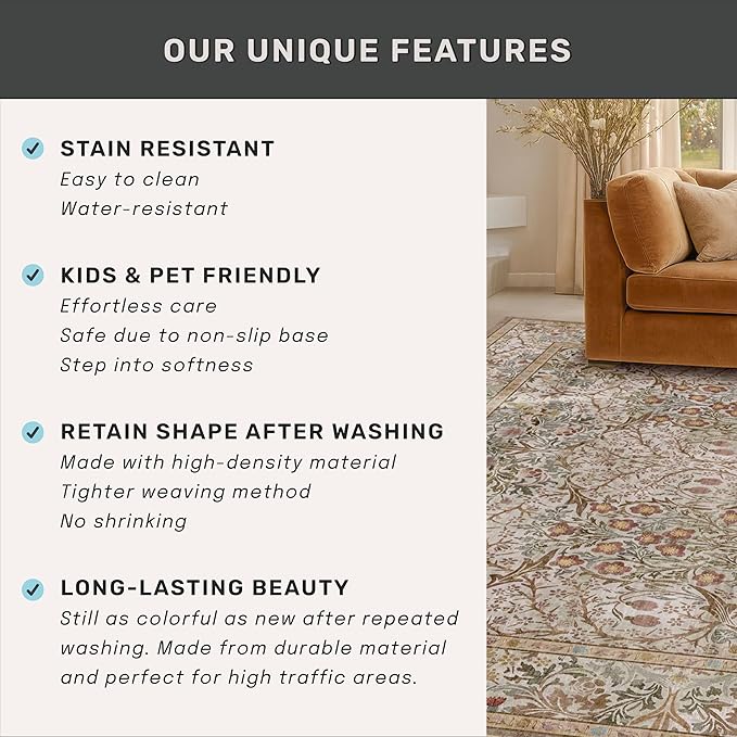 Washable Dining Room Rugs for Under Table - 6x9 Moss Green Oriental Area Rug for Living Room, Low Pile Non-Slip Floor Carpet for Bedroom Under Bed - Vintage Brown Neutral Design & Stain Resistance