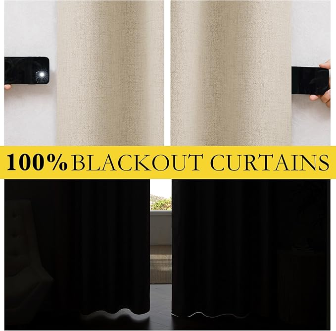 NICETOWN Farmhouse Style Keep Warm Large Window Draperies 108 inches Length with Thermal Insulated Liners, 2 Panels, 52" W, Full Blackout Cream Linen Curtains for Sliding Glass Door