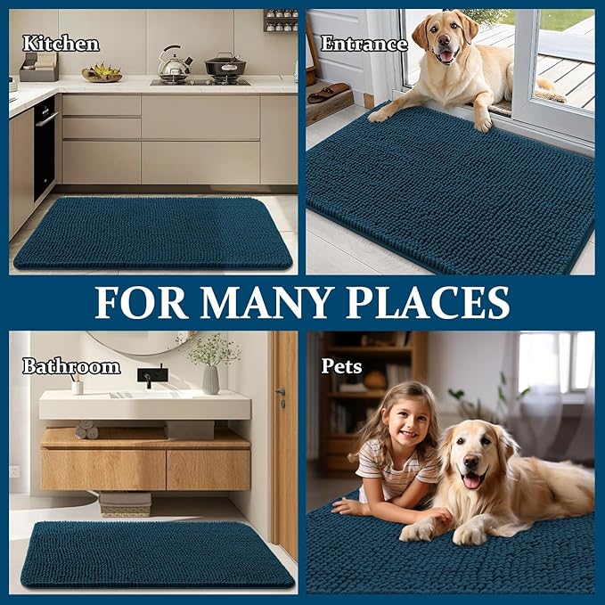 OLANLY Dog Door Mat for Muddy Paws 47x24, Absorbs Moisture and Dirt, Absorbent Non-Slip Washable Doormat, Quick Dry Chenille Mud Mat, Entry Indoor Entryway Carpet for Inside Floor, Atlantic Blue