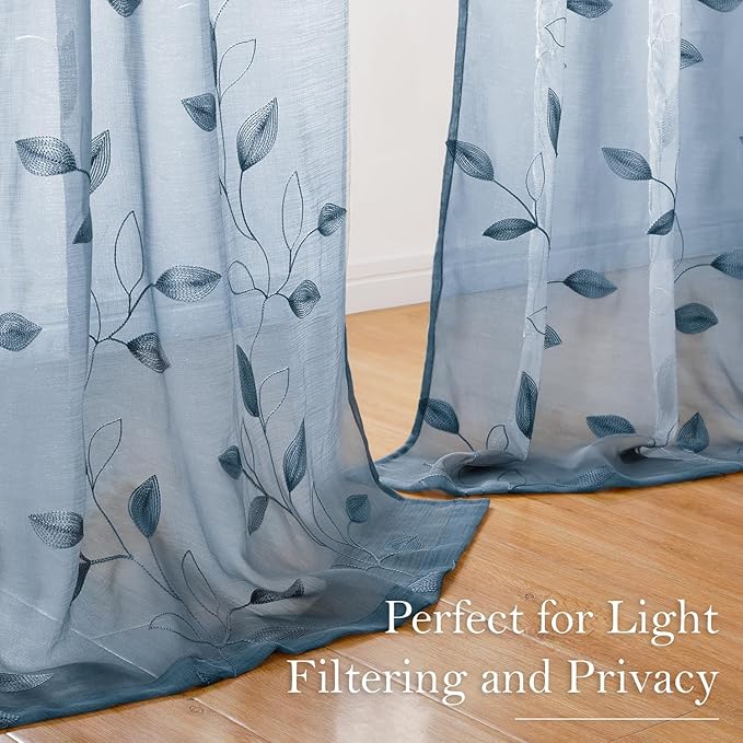 HOMEIDEAS Stone Blue Floral Sheer Curtains 63 Inches Long 2 Panels Embroidered Pattern Semi Sheer Window Curtains for Bedroom Living Room