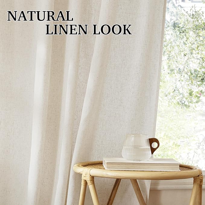 RYB HOME Bedroom Curtains Linen Sheer, Neutral Rustic Decor Light Filtering Lightweight Guaze Burlap Shade Blinds for Living Room, Natural Beige, W 52 x L 95 inches, 2 Panles
