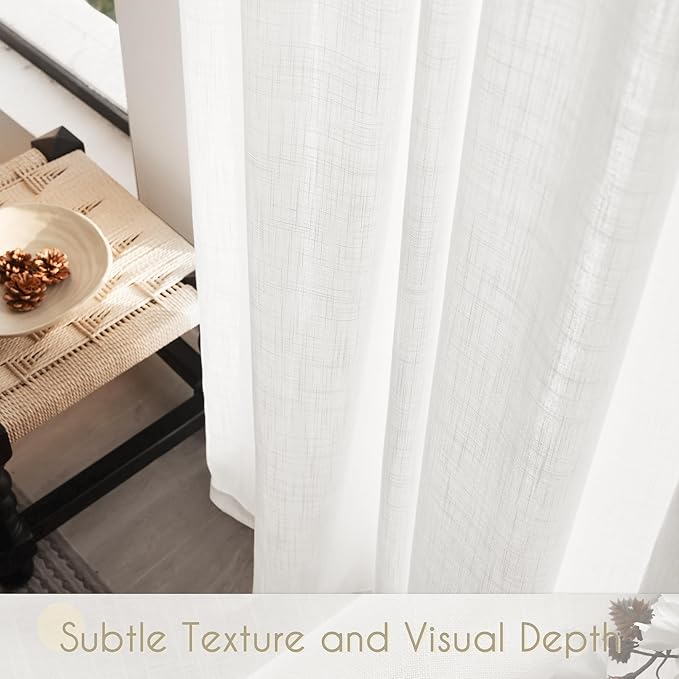White Linen Curtains 72 inch Long 2 Panel Set for Living Room Back Tab Semi Sheer Light Filtering Bedroom Window Curtain 72 inch Length Cotton Textured Modern Elegant Coastal Drapes 42x72