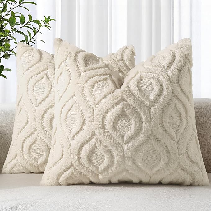 decorUhome Throw Pillow Covers 16x16 Inch Set of 2, Soft Plush Faux Wool Beige Solid Couch Pillow Covers, Accent Farmhouse Neutral Square Pillow Cases for Sofa Bed Living Room