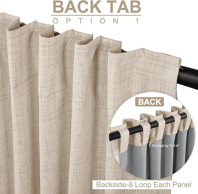 100% Blackout Shield Linen Blackout Curtains for Bedroom 84 Inches Long, Back Tab/Rod Pocket Living Room Drapes, Thermal Insulated Blackout Curtains 2 Panels Set, 50" W x 84" L, Oatmeal