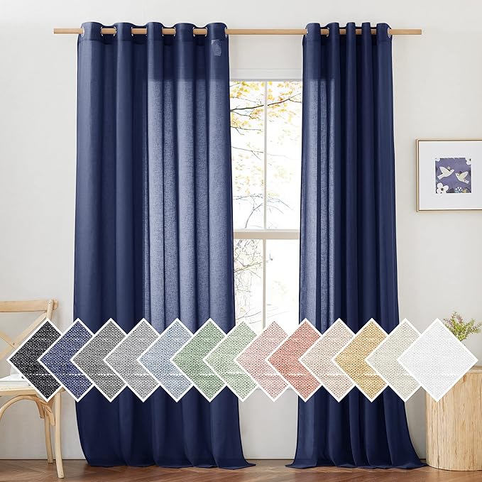 NICETOWN Linen Textured Sheer Curtains 84 inch Long for Living Room, Privacy Chic Sheer Curtains Window Treatment Translucent Drapes for Farmhouse/Cottage, W70 x L84, Dark Blue, 1 Pair