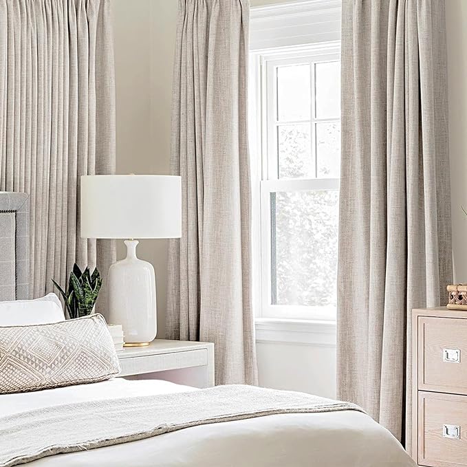 MIULEE 100% Blackout Linen Textured Curtains for Bedroom Solid Thermal Insulated Ivory Grommet Room Darkening Curtains & Drapes Luxury Decor for Living Room Nursery 62 x 96 Inch (2 Panels)