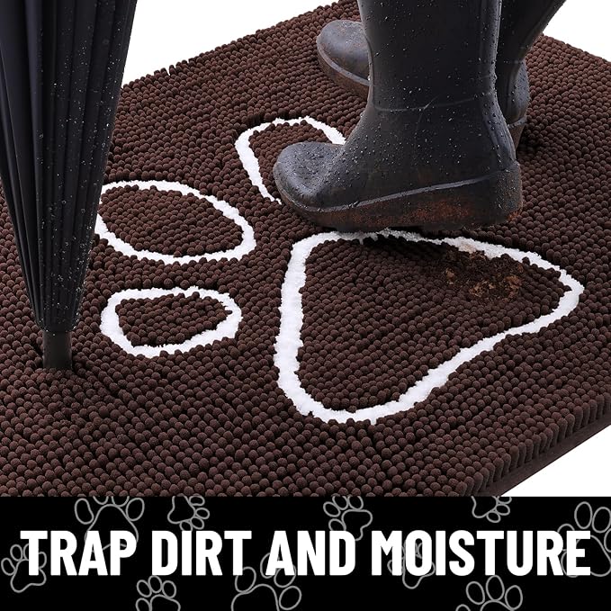 Smiry Dog Door Mat for Muddy Paws, Absorbent Dirt Trapper Non Slip Quick Dry Washable Chenille Mat for Mud Dogs, Entry Rug for Indoor and Outdoor (30x20 Inches, Brown and White)