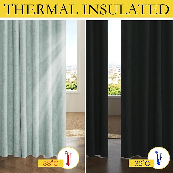 NICETOWN 100% Absolutely Blackout Linen Curtains with Thermal Insulated Liner, Seafoam Green, 62" Wide, 84" Length Energy Saving Curtains for Living Room 2 Panels Set, Vertical Blinds