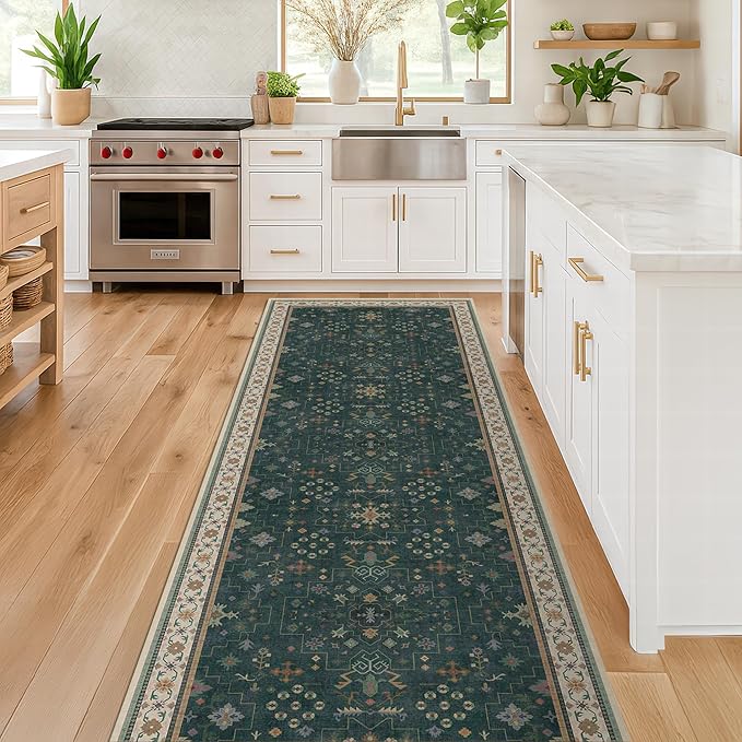 Dark Green 2x5 Kitchen Rug - Modern Vintage Boho Eclectic Floral Pastel, Washable Low Pile Non-Slip Small Runner Rugs for Entryway Door Mat Indoor Entrance, Bedroom, Hallway