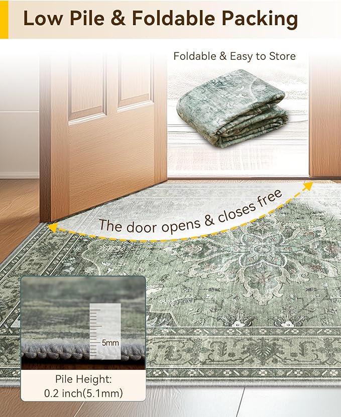 RELEANY Area Rugs 3'x7' Runner Rug Non Slip Washable for Kitchen Hallway Bedroom Beside Laundry Room Bathroom Rug, Floor Carpet, Dark Green Gray
