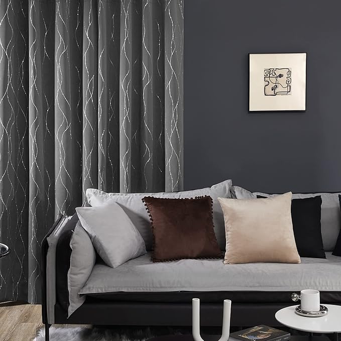 Deconovo Grey Blackout Curtains, Room Darkening Thermal Insulated Noise Reducing Drapes, Wave Dots Silver Print, 52 x 63 Inch, Grommet Window Panels for Living Room Bedroom Kids Room, Set of 2
