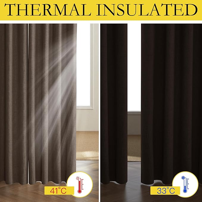 NICETOWN Coffee Vintage Linen 100% Blackout Curtains for Living Room, Thermal Insulated Curtains 63" Long, Noise Reducing Window Treatment Drapes for Hall Room, 52" Wide Per Panel, Set of 2