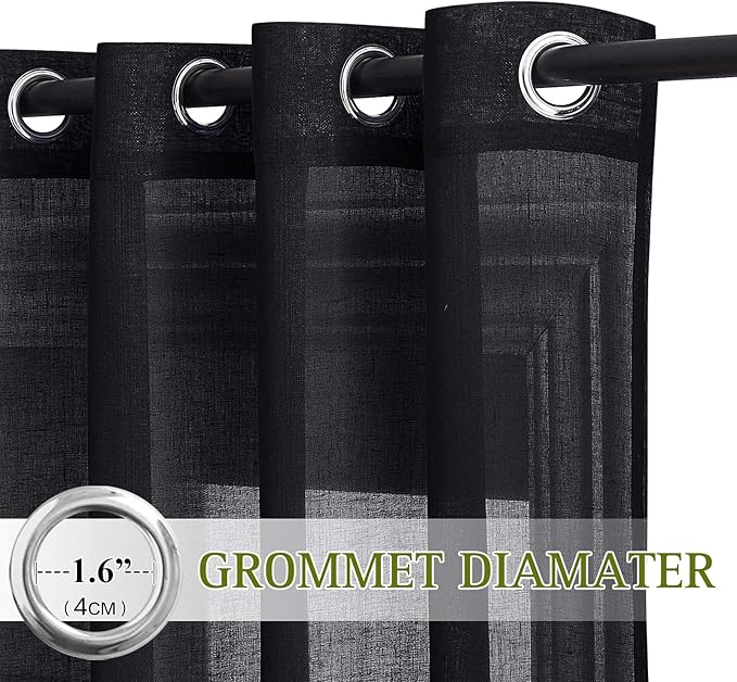 NICETOWN Classic Linen Weave Flax Sheer Window Curtains, Grommet Translucent Drapes Semitransparent Privacy with Light Through for Bedroom/Living Room, Black, W52 x L96, 2 Pieces