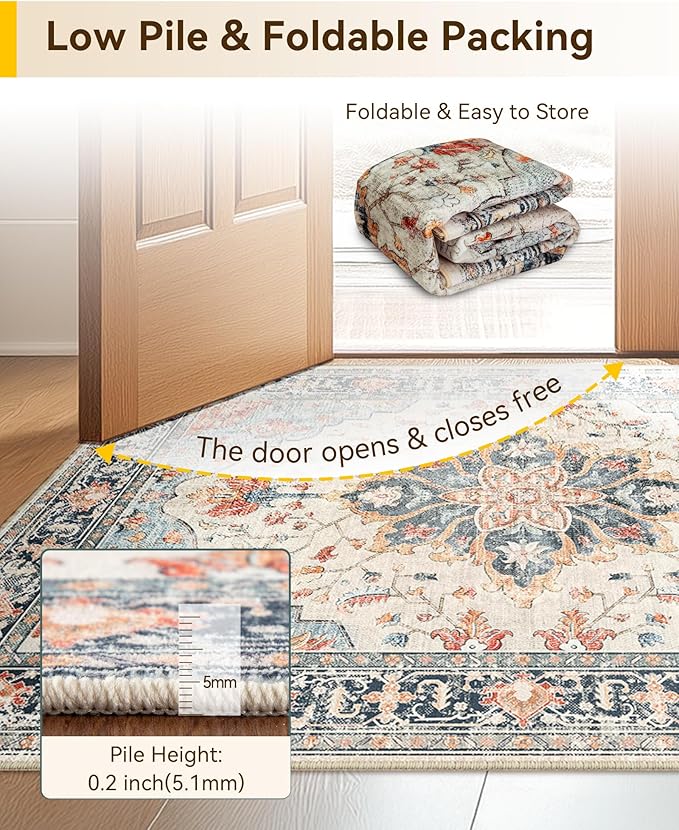 Area Rugs 4'x5' Washable Non-Slip, Floral Vintage Distress Print Pattern Medallion Carpet for Living Room Bedroom Dining Room, Beige Navy Blue Orange Colorful