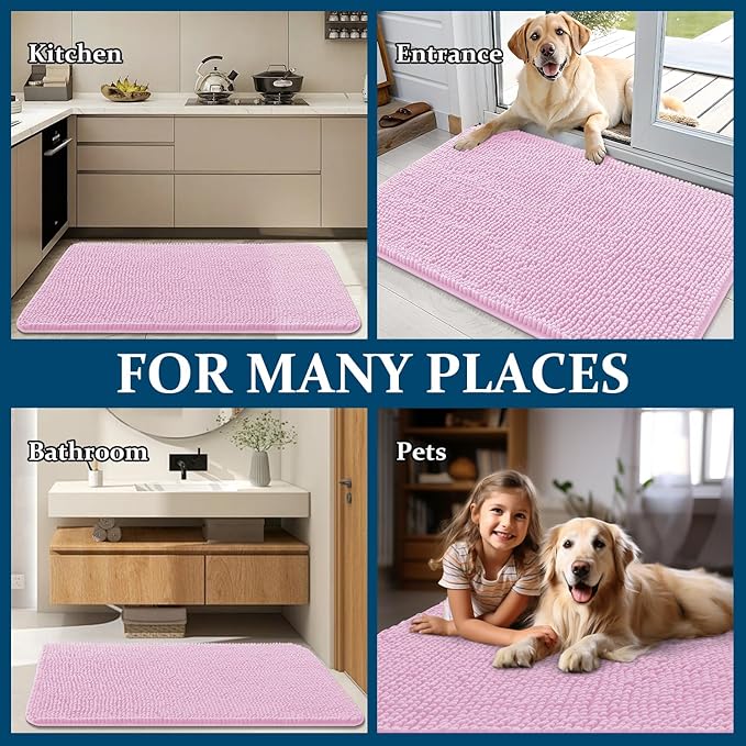 OLANLY Dog Door Mat for Muddy Paws 34x21, Absorbs Moisture and Dirt, Absorbent Non-Slip Washable Doormat, Quick Dry Chenille Mud Mat for Dogs, Entry Indoor Entryway Carpet for Inside Floor, Pink