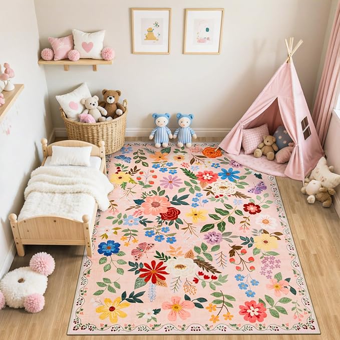 Area Rug Living Room Rugs: Floral 4x6 Washable Rug Vintage Soft Boho Non-Slip Carpet Indoor Floor Stain Resistant Large Carpets for Bedroom Dining Room Farmhouse Nursery Hallway Home Office Beige