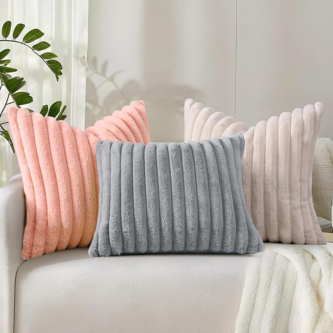 decorUhome Summer Cozy Faux Fur Throw Pillow Covers 22x22 Set of 2 Decorative Soft Plush Striped Modern Farmhouse Boho Couch Euro Sham Pillow Cases with Velvet Back for Sofa Bed Living Room, Beige