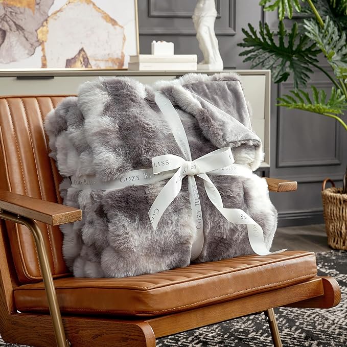 Cozy Bliss Faux Fur Throw Blanket for Couch, Fuzzy Soft Plush Thick Bubble Blanket for Sofa Bedroom Living Room, 50 * 60 Inches Tie-dye Taupe (Pack of 2)