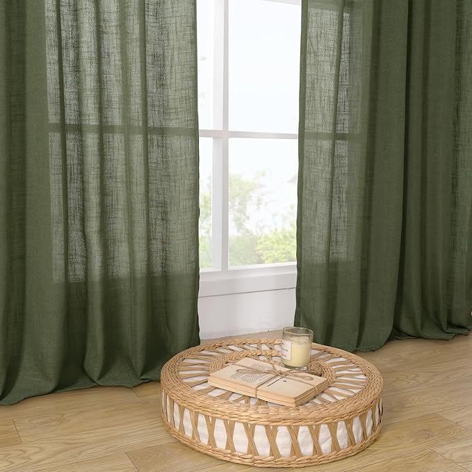 LAMIT Olive Green Linen Curtains for Living Room 84 inch Length 2 Panels, Light Filtering Semi Sheer Drapes Back Tab and Rod Pocket Christmas Panels for Bedroom/Sliding Glass Door, 52 x 84 Inch