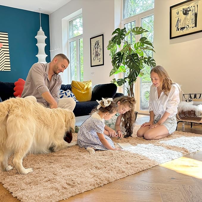 OLANLY 7x8 Machine Washable Large Area Rugs for Living Room, Bedroom, Soft Fluffy Shaggy Bedside Rug, Indoor Floor Carpet for Kids Girls and Boys, Dorms, Nursery, Home Decor Aesthetic, Beige