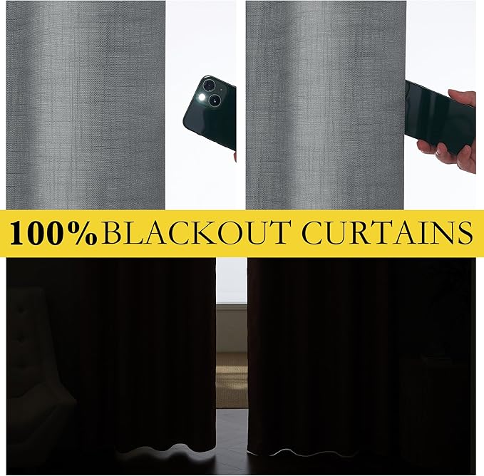 NICETOWN 100% Absolutely Blackout Linen Curtains with Thermal Insulated White Liner, 52" Wide, 2 Panels, 84 inches Long Drapes, Grommet Retro Dove Grey Linen Vertical Drapes Privacy for Bedroom