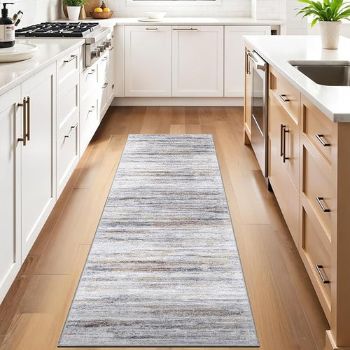 3x6 Washable Runner Rug for Family: Easy-to-Clean Runners for Hallway Entryway Kitchen Bedroom - Stain and Water Resistant Rugs with Non-Slip Backing - Soft Low-Pile Carpet Beige Grey