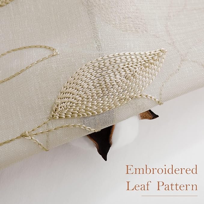 HOMEIDEAS Taupe Sheer Curtains 52 X 96 Inches Long 2 Panels Beige Embroidered Leaf Pattern Pocket Faux Linen Floral Semi Sheer Voile Window Curtains/Drapes for Bedroom Living Room