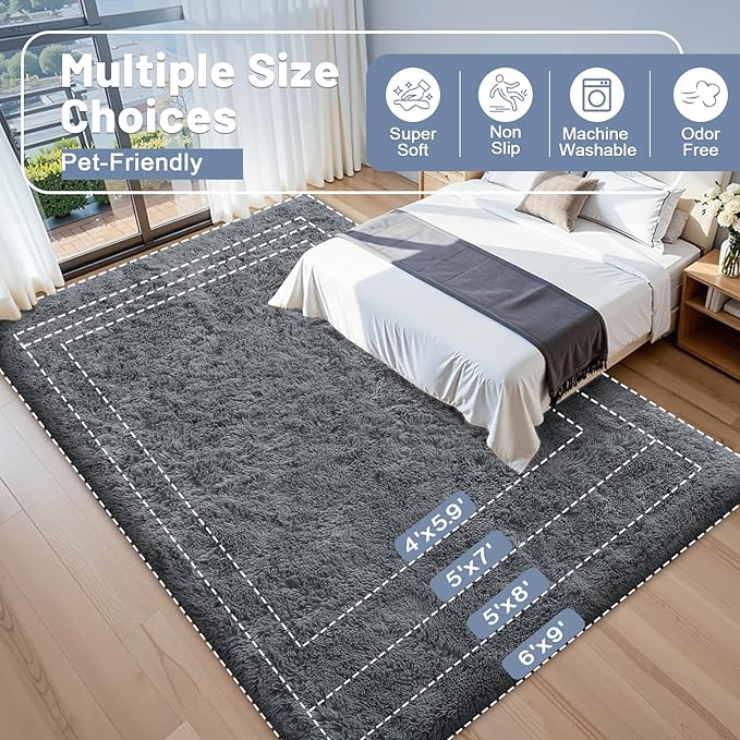 OLANLY 5x9 Machine Washable Large Area Rugs for Living Room, Bedroom, Soft Fluffy Shaggy Bedside Rug, Indoor Floor Carpet for Kids Girls and Boys, Dorms, Nursery, Home Decor Aesthetic, Grey