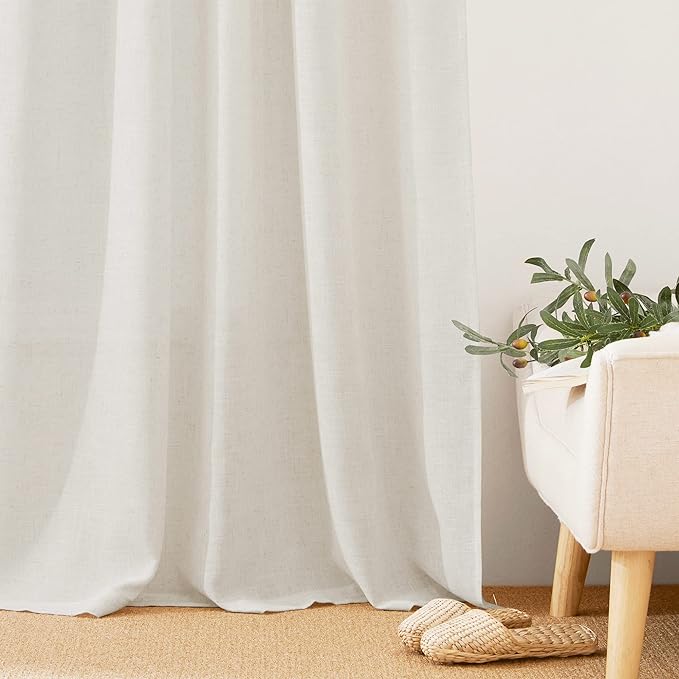 RYB HOME Semi Sheer Curtains 63 inch Length 2 Panels, Linen Textured Privacy Protect Window Drapes Soft Breathable Back Tab Window Curtains for Bedroom Living Room Decor, 52 W x 63 L, Linen