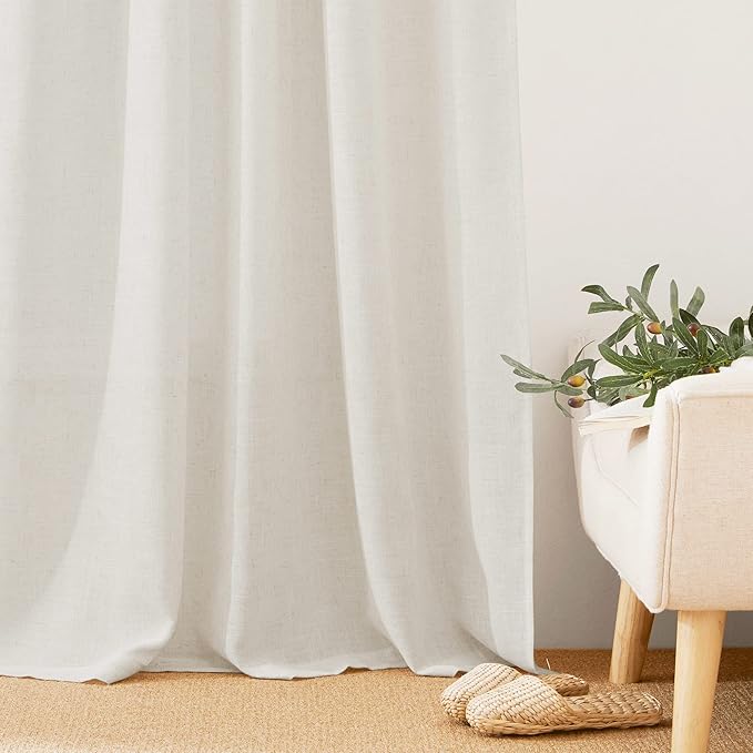 RYB HOME Linen Sheer Curtains - Faux Linen Semi Transparent Window Drapes Privacy UV Protection Short Curtains for Living Room, Home Office, Car, Kitchen, 52 Wide by 36 Long inches, 2 Pcs
