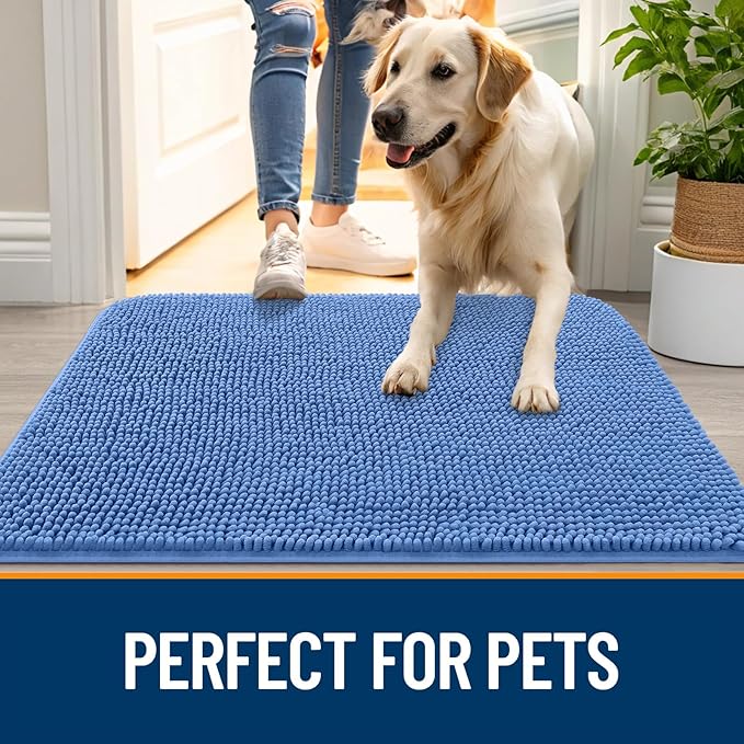 OLANLY Dog Door Mat for Muddy Paws 47x32, Absorbs Moisture and Dirt, Absorbent Non-Slip Washable Doormat, Quick Dry Chenille Mud Mat, Entry Indoor Entryway Carpet for Inside Floor, Cornflower Blue