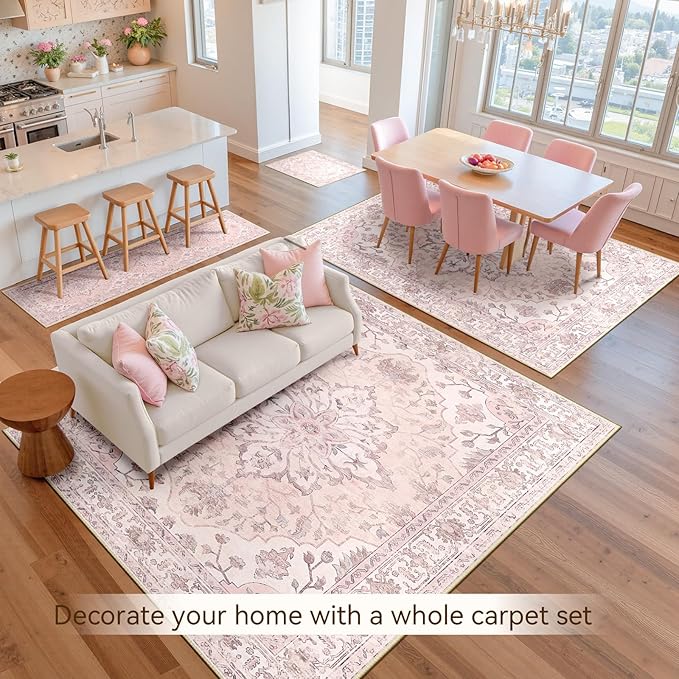 Area Rugs 5'x7' Washable Non-Slip, Floral Vintage Distress Print Pattern Medallion Carpet for Living Room Bedroom Dining Room, Pink Greypink Cute