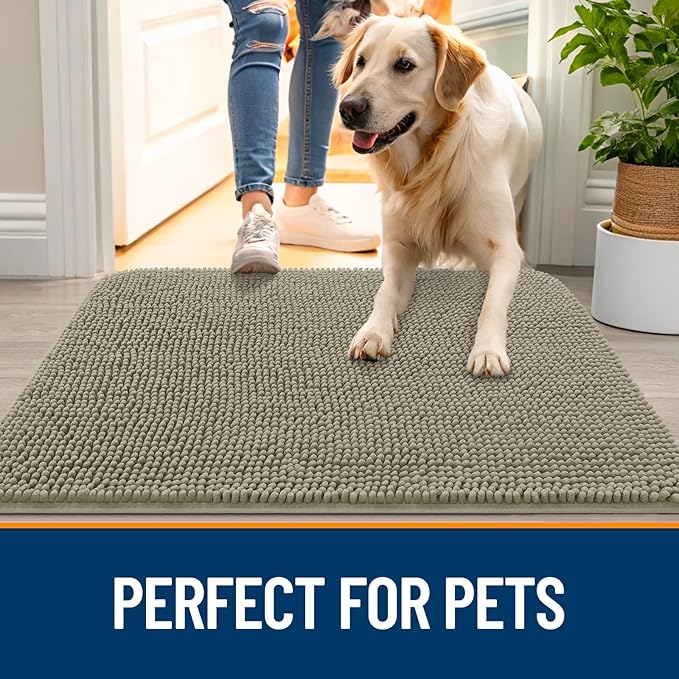 OLANLY Dog Door Mat for Muddy Paws 47x24, Absorbs Moisture and Dirt, Absorbent Non-Slip Washable Doormat, Quick Dry Chenille Mud Mat, Entry Indoor Entryway Carpet for Inside Floor, Warm Taupe