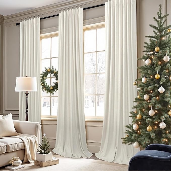 Drapes 92 Inch Length 2 Panels Set for Bedroom Linen Textured Viral Lightweight Blackout Long Curtains for Sliding Glass Door Energy Efficient Sun Blocking Sound Absorbing Country Style Back Tab Cream